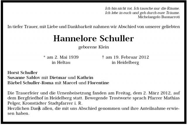 Klein Hannelore 1939-2012 Todesanzeige